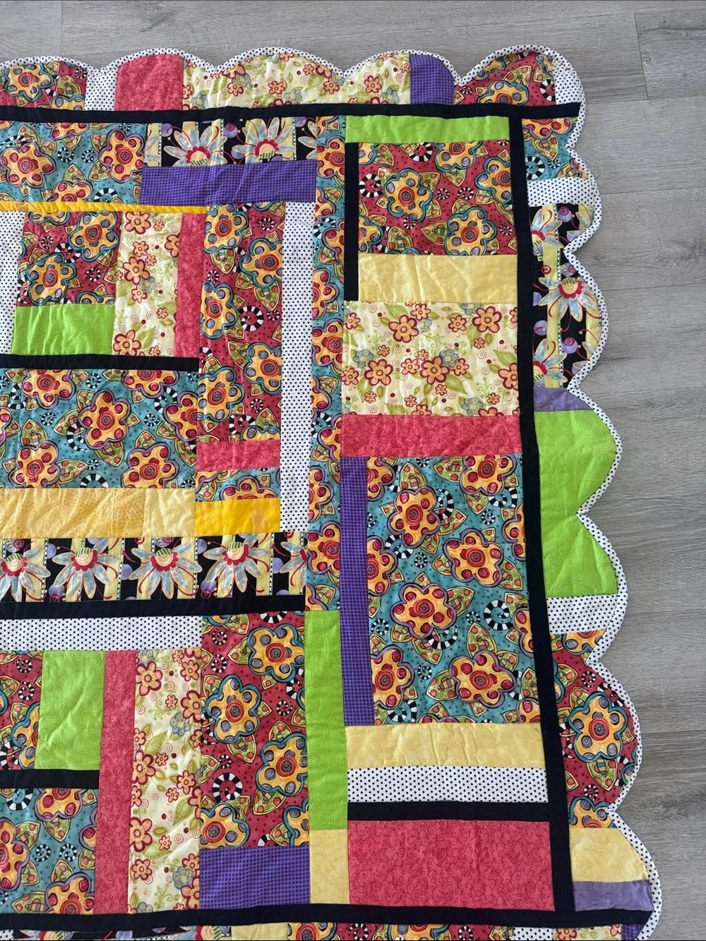 Handmade Patchwork Floral Quilt Size 43x52 inches Bright Colorful Polka Dots